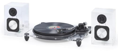 Steepletone Soho Clear Acrylic Vinyl Record Player, with Wireless Speakers 2 speed turntable with Counter Weight & AT-3600L Cartridge