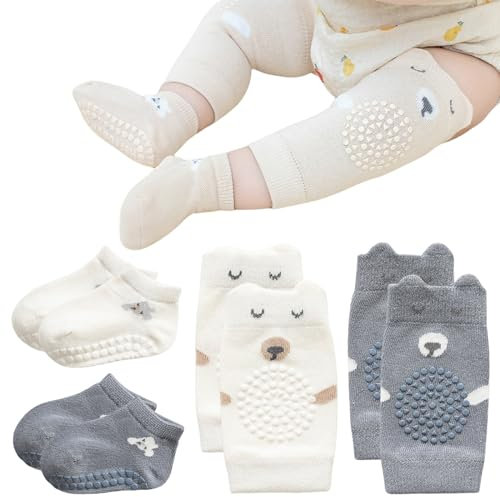 Nayyana Baby Krabbeln 2 Paar Baby Knieschoner und 2 Paar Baby Socken, Anti Rutsch Krabbelhilfe mit Gummipunkte Krabbelschoner Stulpen, Knieschützer für Kleinkinder 0-12 Monate, S-Code