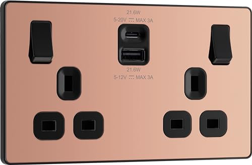 BG Electrical Double Switched Power Wall Plug Socket with Fast Charge Type A and Type C USB Charging Ports, Evolve, Polished Copper, 13A, 22W, PCDCP22UAC22B