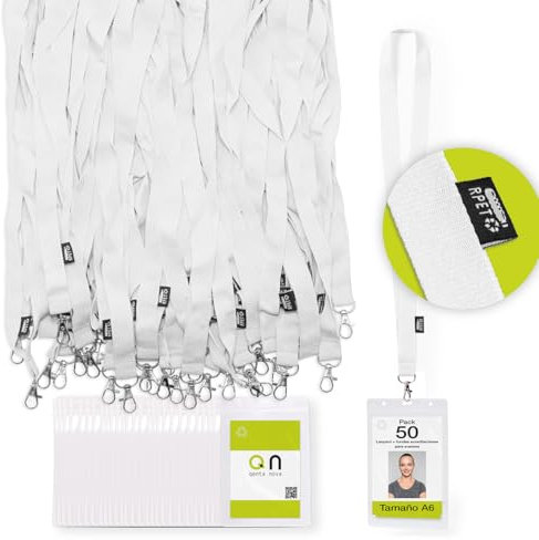 Lot de 50 porte-badges A6 format A6 recyclé - Porte-badge transparent avec cordon en matériau recyclé (Blanc)
