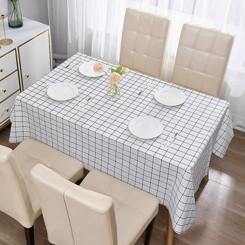 Plastic Tablecloth 1pc 137*180cm Waterproof White Checkered Table Cloth Wipeable Rectangular,Plaid Table Cover Wipe Clean Oil Cloth Outdoor Indoor Tablecloth for Party,Picnic