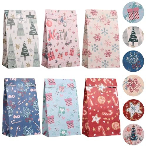 Kesote Geschenktüten Weihnachten Papiertüten Schneeflocken 24 PCS Geschenktaschen Papier Partytüten mit Aufkleber für Geschenk Mitgebsel Geschenkverpackung
