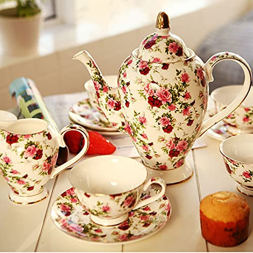 DDNGEJ Juegos de té de Porcelana, Juegos de Tazas de café de Porcelana de Hueso, Flor Rosa Vintage, Servicio de té de Boda, Regalo para Adultos y Mujeres