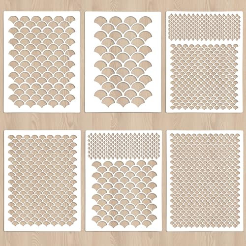 Giantree 6 Stück Fischschuppen Schablone, 20x15cm Wiederverwendbar zum Malen, Kunst Mal Vorlagen DIY Set für Scrapbooking Holz Boden Wand Fliesen