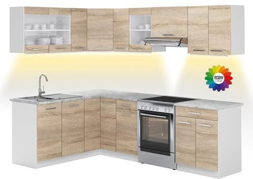 Vicco Eckküche R-Line, Sonoma/Weiß 247 x 167 cm | AP Marmor mit LED-Leisten, mit modularen Elementen flexibel erweiterbar und kombinierbar