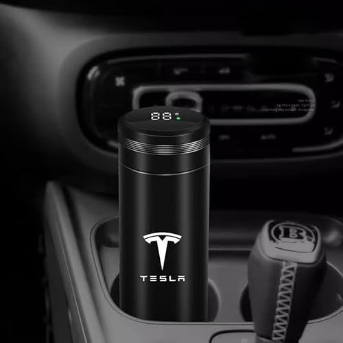 Auto Thermobecher Kaffeebecher mit Badge für Tesla Model 3,Edelstahl Isolierbecher Travel Mug LED Touchscreen Doppelwand Vakuum für Warme und Kalte Getränke Geschenk für Männer