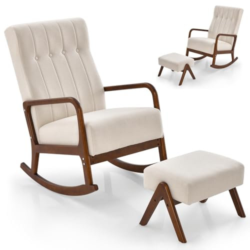 Mid Century Schaukelstuhl und Ottoman-Set, gepolstert, hohe Rückenlehne, mit Fußhocker, für Wohnzimmer, Schlafzimmer, Kinderzimmer, Freizeit, Lounge, Sessel (Beige)