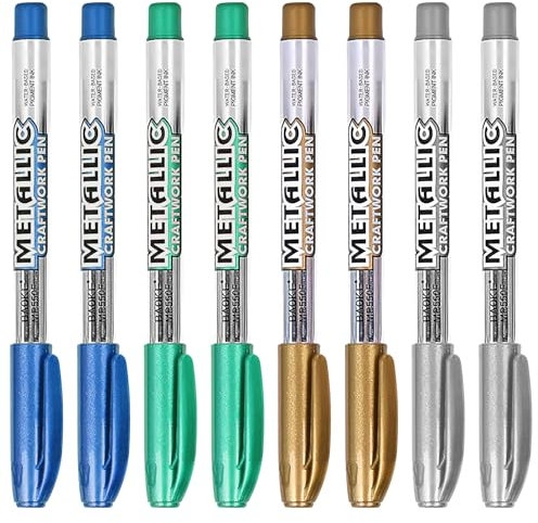 UOCAI 8 Stück Metallic Marker Stifte Set, Gold,Silber,Blau und Grün,Goldener Stift Marker Stifte,Glänzende Highlight Marker Stifte,1.5 mm Feine Spitze Permanente Acrylmarker,Goldstift für Papier
