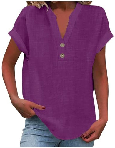 AMhomely Womens Tshirts Cotton Linen V Neck Cap Sleeve Shirt Summer Fashion Casual Cotton Linen Blouses Trendy Tops