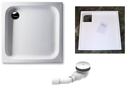 KOMPLETT-PAKET: Duschwanne 100x100 cm flach 6,5cm weiß Acryl + Styroporträger/Wannenträger + Ablaufgarnitur chrom DN 90 / Gesamthöhe ca. 19,5cm / Deutscher Hersteller (weiß, 100 x 100 cm)