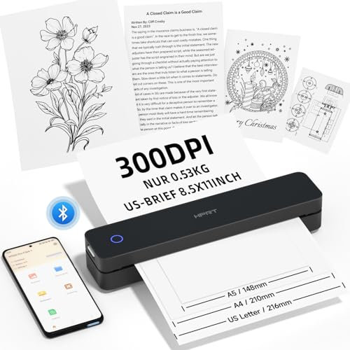HPRT tragbare Drucker drahtlos für Reisen, Bluetooth Thermodrucker kompatibel mit iOS, Android & Laptop, Unterstützung 8.5x11 US Letter & A4 Thermopapier, Tintenloser mobiler Drucker,Reinschwarz