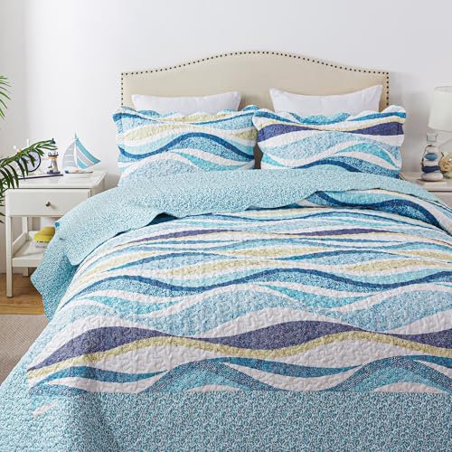 HoneiLife Queen-Tagesdecken in Übergröße, 269,2 x 269,2 cm, Stranddecke, 3-teilig, nautische Tagesdecken, Ozean-Decken, leichter Bettbezug, Sommer-Steppdecken