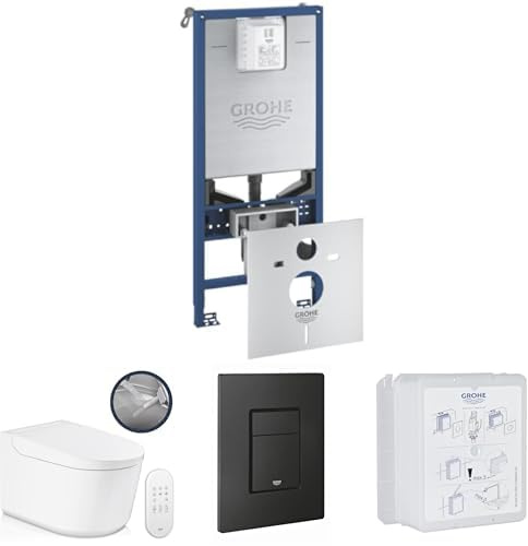 GROHE Sensia Wall Hung Shower Toilet Rimless WC & Rapid SLX 3-in-1 Concealed Cistern Frame Set Installation System 1.13m with Even Flush Plate in Phantom Black