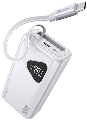 RORRY Power Bank per computer portatile, 25000 mAh 65 W, caricabatterie portatile PD, caricabatterie rapido integrato con cavi retrattili, per iPhone serie 16/15, MacBook, Samsung, Dell, XPS, iPad