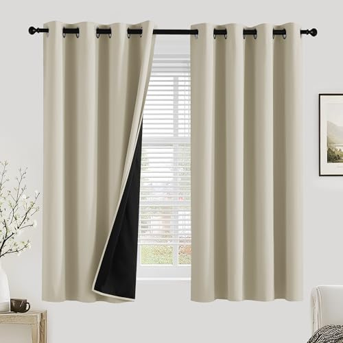 PONY DANCE 100% Blackout Curtains for Bedroom - Thermal Full Blackout Eyelet Curtains & Drapes Heat and Light Blocking Panels for Living Room with Black Liner 2 Pcs, 52 x 54 Inch, Light Beige