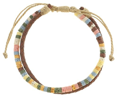 Made by Nami Surferarmband Damen und Herren Buntes Perlenarmband Damen mit gefolchtenem Lederarmband Damen Verstellbares Armband Perlen