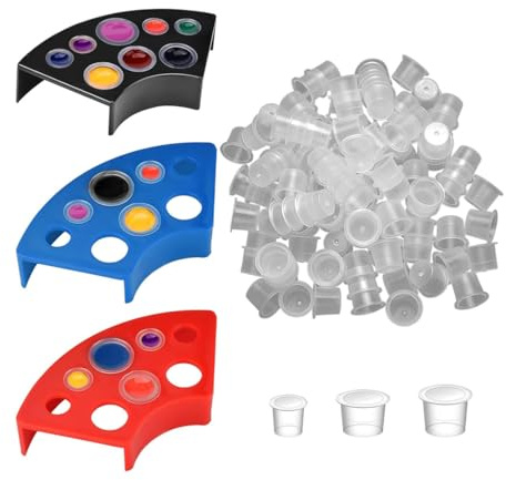 JUGUTA 300 Stück Tattoo-Tintenkappen mit 3 Becherhaltern, Tattoo-Tintenbecher, Pigment Cups, Tattoo Farbkappen Cups, Plastic Pigment Tattoo Cups, Tattoo Zubehör, Permanent Make-up-Behälterkappe