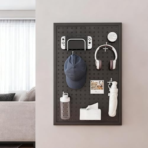 MMXYNXYD Metall-Stecktafel, Wandmontierte Pegboard mit 10 Haken, Werkzeugwand für Wände, Garage, Werkbank, Schuppen, Küche, Bastelraum(Black,60 * 40cm/24 * 16in)