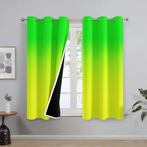 Generisch Neon Grün Gelber Ombré Vorhänge Wohnzimmer Deko, Moderne Farbverlauf Gardinen Blickdicht Schlafzimmer Fenster, Thermo Verdunklungsvorhänge mit Ösen 2er Set, H 138 x B 117 L-C&54