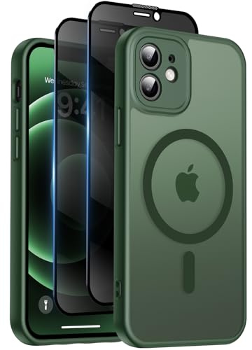 Qasyfanc for iPhone 12 Case, Privacy Screen Protectors X2, Green | Compatible with MagSafe, Camera Protection, 15FT Military Drop Protection, Translucent Matte Shockproof Phone Cover