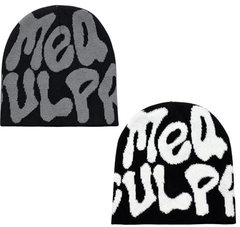 BaZuyunMd Y2K Beanie Mütze, MEA Culpa, 2er-Pack, Schwarz und Weiß, Schwarz und Grau, für Outdoor-Aktivitäten und Streetwear