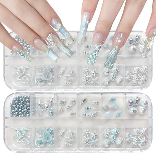 Ocean Themed Nail Charms, 2 Boxes Shell Starfish Conch Sea Nail Charms 3D Nail Rhinestones Pearls Summer Nail Art Decorations Accessories (White+Blue)