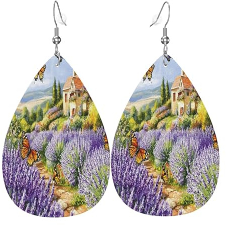 Romantic Lavender Manor Damen Teardrop Leder Ohrringe - Leichte PVC Baumeln Ohrringe 925 Silber Haken Doppelseitige Drucke | Hypoallergenes Geschenk