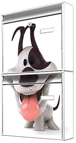 banjado Briefkastenanlage 2 Fach - 2 Briefkästen 36x64x10cm groß - Doppelbriefkasten Set - Namensschild, 2 Schlüssel, Montagematerial - Stahl verzinkt weiß - Motiv Comic-Hund