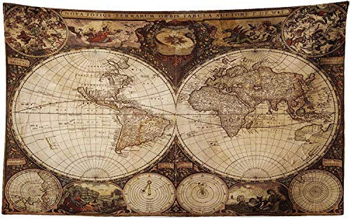 ABAKUHAUS Weltkarte Wandteppich und Tagesdecke, Historische alte Atlas aus Weiches Mikrofaser Stoff Waschbar ohne Verblassen Digitaldruck, 230 x 140 cm, Brau Beige