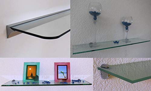 Trend-System Glas Wandregal Claro, Eckregal, Badregal, klar oder satiniert, Farben/Größen wählbar, mit verschiedenen Wandhalterungen (Claro klar 120x20x1,0 cm, Clip Midas Edelstahl)