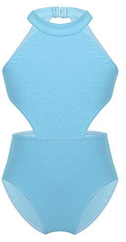 FEESHOW Mädchen Neckholder Ballettanzug Ballett Body ohne ärmel mit Cut-Outs Sport Trikot Leotard Gymnastikanzug Turnanzug gr 92-140 Hellblau 98-104