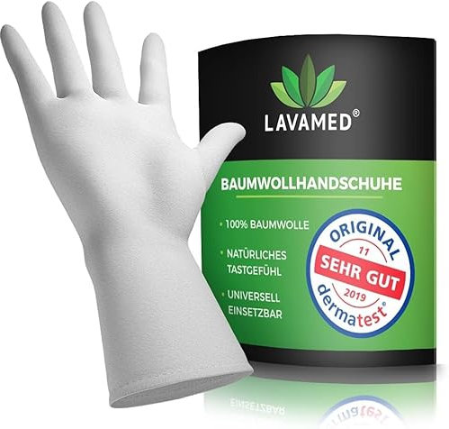 LAVAMED Gants coton blancs grande taille – Gants en coton XL dermatologiques et thérapeutiques, gants blancs coton homme femme, sous-gant de nuit hydratants, anti-eczéma (12 paires, XL)