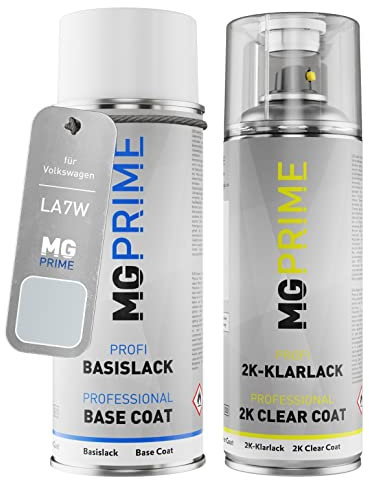 MG PRIME Autolack 2K Spraydosen Set für Volkswagen VW LA7W / A7W / 8E Reflexsilber Metallic/Brillant Silber Basislack 2 Komponenten Klarlack Sprühdose
