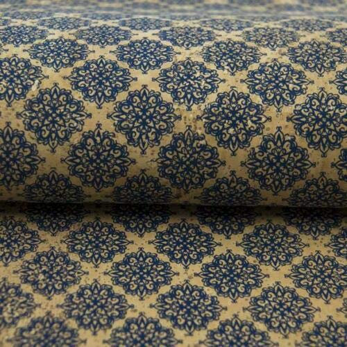 Marokkanisches Blau, 100 % vegan, natürlicher bedruckter Korkstoff, aus Portugal langlebig, flexibel, leicht zu nähen, ohne Tierversuche zu machen, für Taschen, Schneidern, Geldbörsen