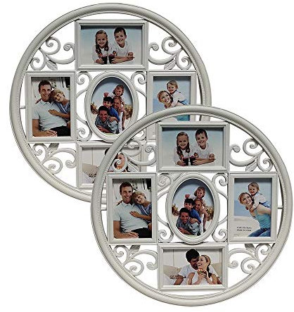 MKUN 2Pack of 4x6 Wall Photo Collage Frames - Round Circular Circle Wall Hanging Picture Collage Frame with Leaf Decoration, 5- Opening (White)