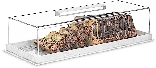Gold Valley Bandeja rectangular para pasteles, plato para tartas con tapa de pantalla Lucite, bandeja para postre, soporte para pasteles, bandeja rectangular de mármol gris con cubierta de lucite,