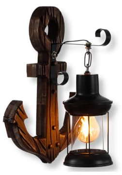 GASIASHOP SRL Universo Applique Vintage Country Retro' da Parete A Forma di Lanterna in Metallo ED Ancora in Legno con PORTALAMPADA per LAMPADINE E27