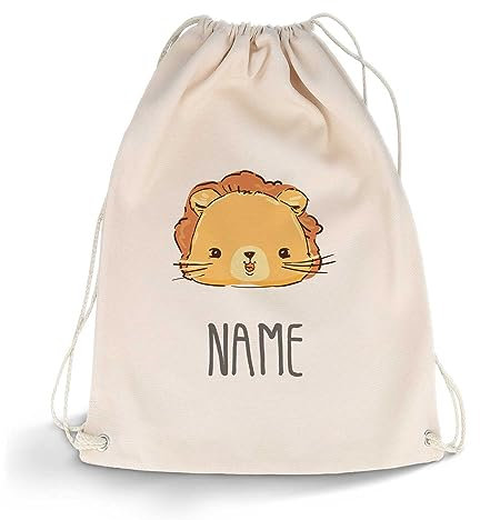 GRAVURZEILE Bedruckter Turnbeutel - Tier mit Wunschnamen - personalisiert mit Namen - Sportbeutel Rucksack Daypack Gymbag mit Kordelzug - für Sport & Freizeit - 12l 33x45 cm - Farbe: Löwe