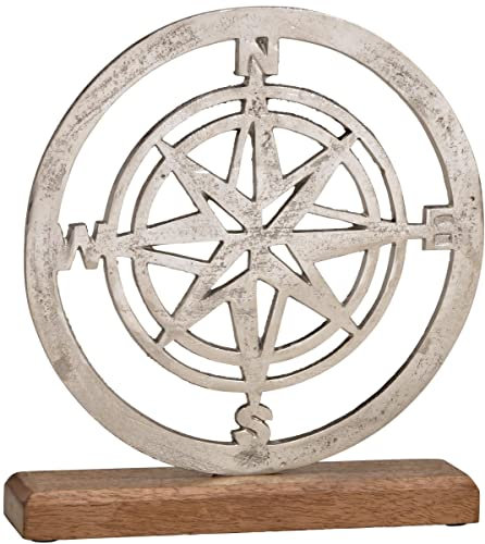 Windrose aus Aluguss mit Sockel aus Mangoholz - 23x5x26cm - Maritime Deko