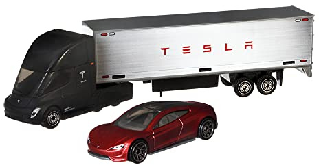 Matchbox Convoys Collectible Cars Die-cast Series - Inspired by Tesla Semi & Box Trailer and 2020 Roadster Gray, Red