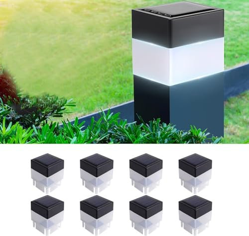 Lot de 8 capuchons solaires LED pour poteau de clôture en fer forgé et aluminium ou jardin, lumière blanche 5 x 5 cm