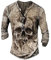 Sweatshirt Herren Retro 3D-Druck Distressed Henley Shirt Pullover Herren V-Ausschnitt Langarmshirts für Herren Vintage Totenkopf-Print Tshirt Outdoor Tactical T-Shirt Tops