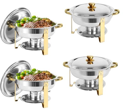IMACONE Set di 4 scaldavivande da buffet, rotondi in acciaio inox da 5 qt, per catering, scaldavivande e buffet con padella per cibo e acqua, coperchio, cornice dorata, supporto carburante per feste,