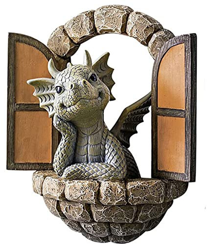 FIYSON Schöne Hof Drachenskulptur,offene Tür Drachen Figuren,Schöne Hof Drachen Skulptur Deko,Resin Dragon Sculpture Garden, Outdoor-Garten Drachen skulptur Ornament,Statues for Gartenwand (Stil 1)