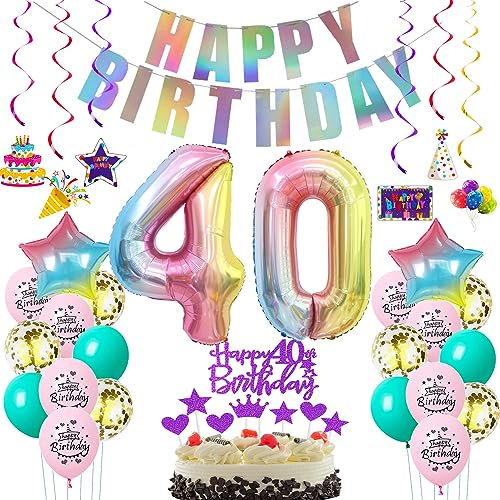 Deko 40. Geburtstag frauen bunt,Geburtstagsdeko 40 jahre frauen Rosa Luftballons 40 Geburtstag dekoration Regenbogen,bunt Folienballon 40 Geburtstag deko frau Rosa Tortendeko 40 Geburtstag lila