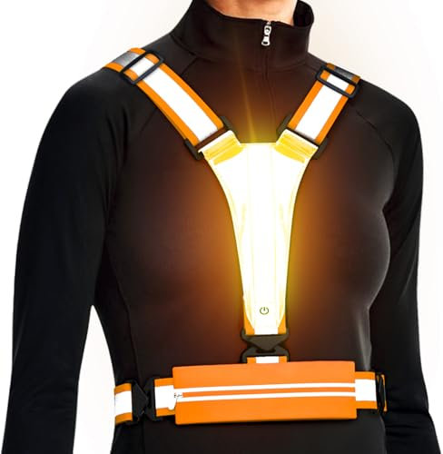 Reflektierende LED-Weste, Laufausrüstung, über wiederaufladbar, leuchtende Laufweste, Brust, Handyhalter für Läufer, Nachtspaziergänge, 6–11 Stunden Licht, verstellbare Taille/Schulter für (orange)