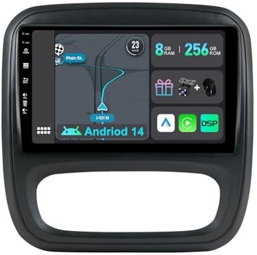 YUNTX [8GB+256GB] Android 14 2 DIN Autoradio para Renault Trafic/Opel Vivaro(2014-2021)-[Integrado CarPlay/Android Auto/DSP/GPS]-IPS 2.5D 9”Touch Screen-CAM+Mic-Soporte Dab/Bluetooth 5.0/AHD Cámara