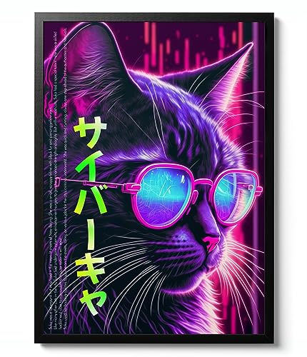 Cyber-Katzen-Druck, Anime-Poster, japanisches Anime-Poster, Manga-Wandkunst, Gaming-Heimdekoration, Cartoon-Geschenkidee, Archiv-matt, A4 (nur Druck), 29,7 x 21 cm