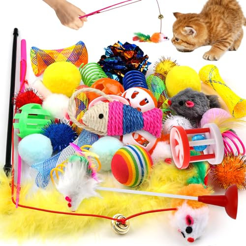 QUOZUO Interactive Kitten Toys Assortment - 32 Pack Variety for Indoor Cats With Wand, Crinkle Balls, Bells, Springs, and Catnip