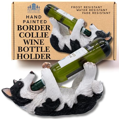 G&H Decor - Border Collie Wine Bottle Holder Figure - Home Decor Puppy Figurine - Kitchen Animal Wine Holder Countertop - Hand Painted Sheepdog Ornament Figure Decanter - Border Collie Gifts